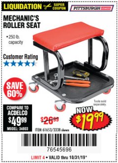 Harbor Freight Coupon MECHANIC'S ROLLER SEAT Lot No. 3338/61653 Expired: 10/31/19 - $19.99