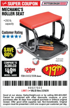 Harbor Freight Coupon MECHANIC'S ROLLER SEAT Lot No. 3338/61653 Expired: 2/29/20 - $19.99
