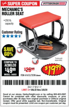 Harbor Freight Coupon MECHANIC'S ROLLER SEAT Lot No. 3338/61653 Expired: 2/8/20 - $19.99