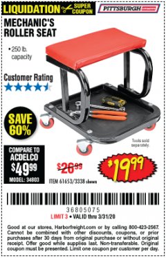 Harbor Freight Coupon MECHANIC'S ROLLER SEAT Lot No. 3338/61653 Expired: 3/31/20 - $19.99