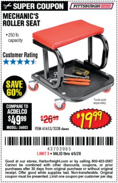 Harbor Freight Coupon MECHANIC'S ROLLER SEAT Lot No. 3338/61653 Expired: 6/30/20 - $19.99