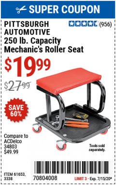 Harbor Freight Coupon MECHANIC'S ROLLER SEAT Lot No. 3338/61653 Expired: 7/15/20 - $19.99