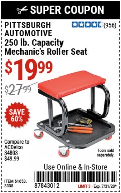 Harbor Freight Coupon MECHANIC'S ROLLER SEAT Lot No. 3338/61653 Expired: 7/31/20 - $19.99
