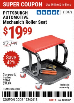 Harbor Freight Coupon MECHANIC'S ROLLER SEAT Lot No. 3338/61653 Expired: 10/31/20 - $19.99