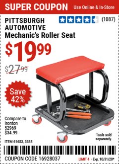 Harbor Freight Coupon MECHANIC'S ROLLER SEAT Lot No. 3338/61653 Expired: 10/31/20 - $19.99