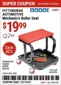 Harbor Freight Coupon MECHANIC'S ROLLER SEAT Lot No. 3338/61653 Expired: 9/28/20 - $19.99