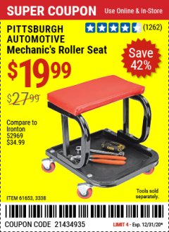 Harbor Freight Coupon MECHANIC'S ROLLER SEAT Lot No. 3338/61653 Expired: 12/31/20 - $19.99