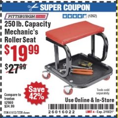 Harbor Freight Coupon MECHANIC'S ROLLER SEAT Lot No. 3338/61653 Expired: 2/18/21 - $19.99