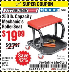 Harbor Freight Coupon MECHANIC'S ROLLER SEAT Lot No. 3338/61653 Expired: 3/19/21 - $19.99