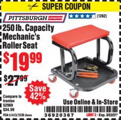 Harbor Freight Coupon MECHANIC'S ROLLER SEAT Lot No. 3338/61653 Expired: 3/22/21 - $19.99