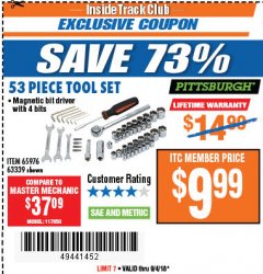 Harbor Freight ITC Coupon 53 PIECE TOOL KIT Lot No. 63339/65976 Expired: 9/4/18 - $9.99
