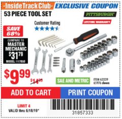 Harbor Freight ITC Coupon 53 PIECE TOOL KIT Lot No. 63339/65976 Expired: 6/18/19 - $9.99