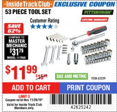 Harbor Freight ITC Coupon 53 PIECE TOOL KIT Lot No. 63339/65976 Expired: 11/26/19 - $11.99