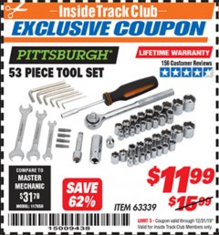 Harbor Freight ITC Coupon 53 PIECE TOOL KIT Lot No. 63339/65976 Expired: 12/31/19 - $11.99