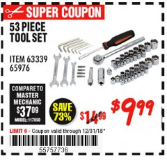 Harbor Freight Coupon PITTSBURGH TOOL SET, 53-PIECE Lot No. 63339 Expired: 12/31/18 - $9.99