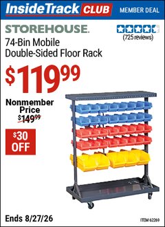 Harbor Freight ITC Coupon STOREHOUSE 74-BIN MOBILE DOUBLE-SIDED FLOOR RACK Lot No. 62269/95551 Valid Thru: 8/27/26 - $119.99