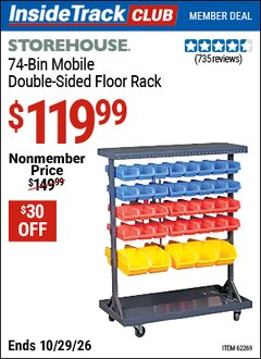 Harbor Freight ITC Coupon STOREHOUSE 74-BIN MOBILE DOUBLE-SIDED FLOOR RACK Lot No. 62269/95551 Valid Thru: 10/29/26 - $119.99