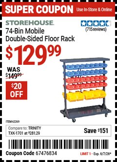 Harbor Freight Coupon STOREHOUSE 74-BIN MOBILE DOUBLE-SIDED FLOOR RACK Lot No. 62269/95551 Valid Thru: 6/7/26 - $129.99