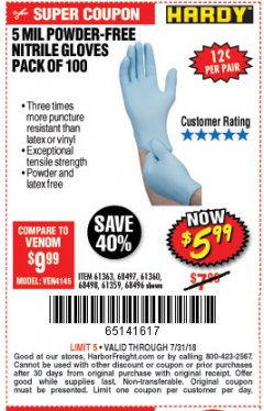Harbor Freight Coupon POWDER-FREE NITRILE GLOVES PACK OF 100 Lot No. 68496/61363/97581/68497/61360/68498/61359 Expired: 7/31/18 - $5.99