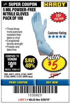 Harbor Freight Coupon POWDER-FREE NITRILE GLOVES PACK OF 100 Lot No. 68496/61363/97581/68497/61360/68498/61359 Expired: 9/30/18 - $5