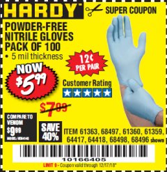 Harbor Freight Coupon POWDER-FREE NITRILE GLOVES PACK OF 100 Lot No. 68496/61363/97581/68497/61360/68498/61359 Expired: 12/17/18 - $5.99