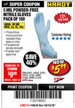 Harbor Freight Coupon HARDY 5 MIL NITRILE POWDER-FREE GLOVES, LIGHT BLUE , 100-PACK Lot No. 64417/64418/68496/61363/68497/61360/68498/61359 Expired: 10/14/18 - $5.99