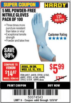 Harbor Freight Coupon POWDER-FREE NITRILE GLOVES PACK OF 100 Lot No. 68496/61363/97581/68497/61360/68498/61359 Expired: 12/3/18 - $5.99