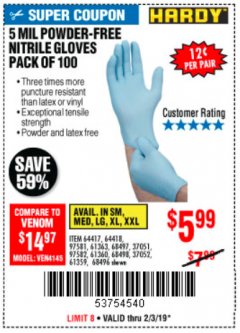 Harbor Freight Coupon POWDER-FREE NITRILE GLOVES PACK OF 100 Lot No. 68496/61363/97581/68497/61360/68498/61359 Expired: 2/3/19 - $5.99