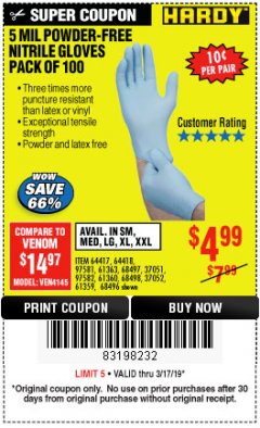 Harbor Freight Coupon POWDER-FREE NITRILE GLOVES PACK OF 100 Lot No. 68496/61363/97581/68497/61360/68498/61359 Expired: 3/17/19 - $4.99