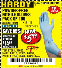 Harbor Freight Coupon POWDER-FREE NITRILE GLOVES PACK OF 100 Lot No. 68496/61363/97581/68497/61360/68498/61359 Expired: 1/27/20 - $5.99
