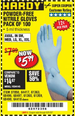 Harbor Freight Coupon POWDER-FREE NITRILE GLOVES PACK OF 100 Lot No. 68496/61363/97581/68497/61360/68498/61359 Expired: 6/21/20 - $5.99