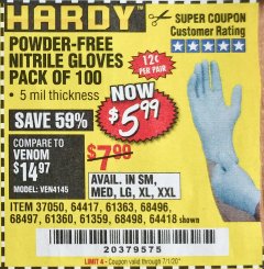 Harbor Freight Coupon POWDER-FREE NITRILE GLOVES PACK OF 100 Lot No. 68496/61363/97581/68497/61360/68498/61359 Expired: 7/1/20 - $5.99
