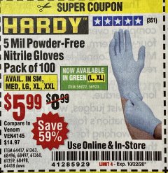Harbor Freight Coupon HARDY 5 MIL NITRILE POWDER-FREE GLOVES, LIGHT BLUE , 100-PACK Lot No. 64417/64418/68496/61363/68497/61360/68498/61359 Expired: 10/22/20 - $5.99