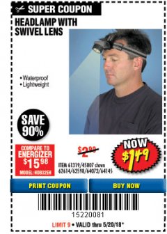 Harbor Freight Coupon HEADLAMP WITH SWIVEL LENS Lot No. 45807/61319/63598/62614 Expired: 5/20/18 - $1.49