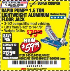 Harbor Freight Coupon RAPID PUMP 1.5 TON ALUMINUM RACING JACK Lot No. 68053/69252/60569/62160/62496/62516 Expired: 4/1/19 - $59.99